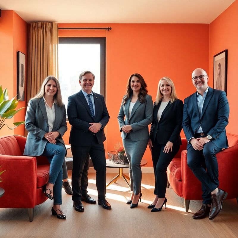 Grup de patru consultanți financiari într-un interior cald cu accente de coral